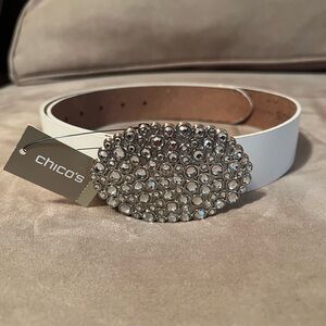 Chico's White Belt with Silver Crystal Buckle